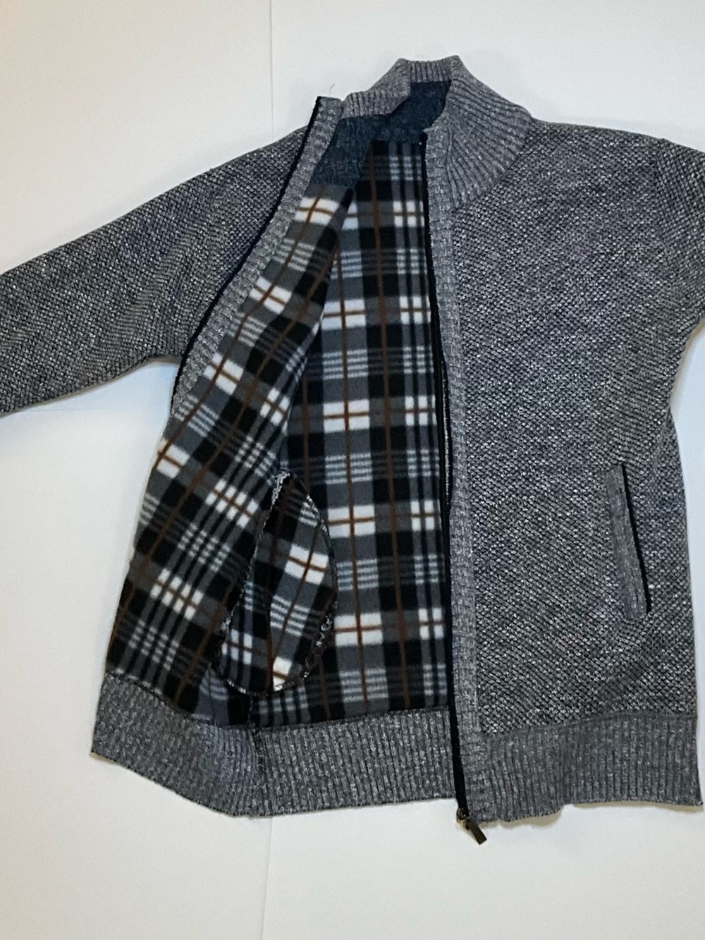 Men’s Gray Marled Full Zip Sweater Jacket Plaid Fleece Lined Size S - Picture 5 of 8